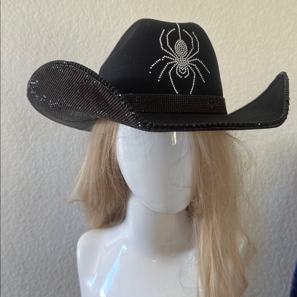 🔮Black Cowboy Hat with Rhinestone Spider 🕷️